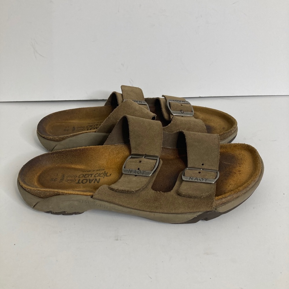Naot Sandals Womens 38 7 Narrow Brown Nubuck Leather Two Strap Slides Comfy Cork